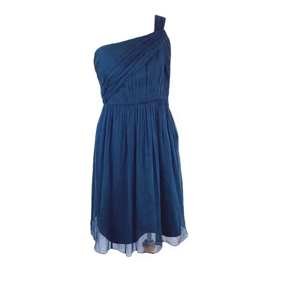 Amsale One Shoulder Party Cocktail Silk Navy Dress 4 Bridesmaid Wedding Guest - Picture 9 of 12